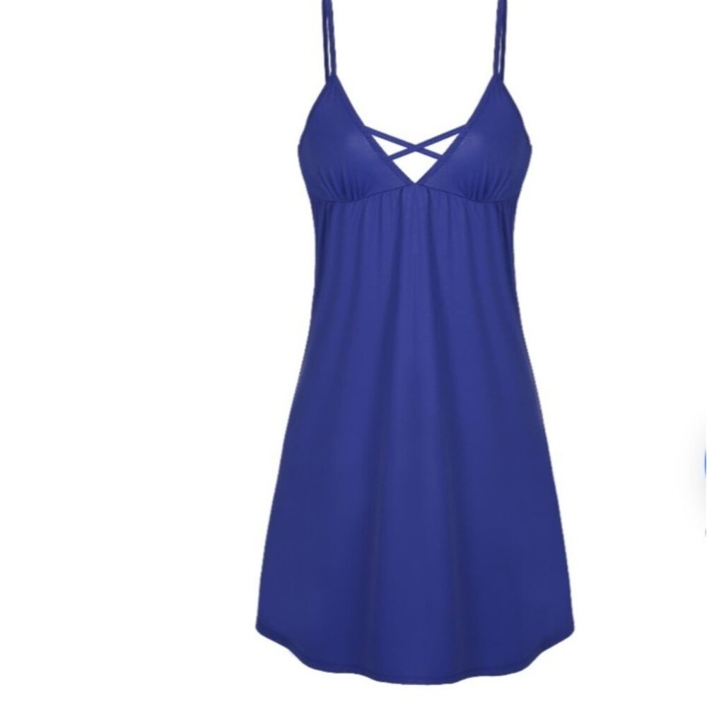 Ekouaer Lingerie Dress Womens Large Blue Silky Lace Trim Midi Nightgown Nighty